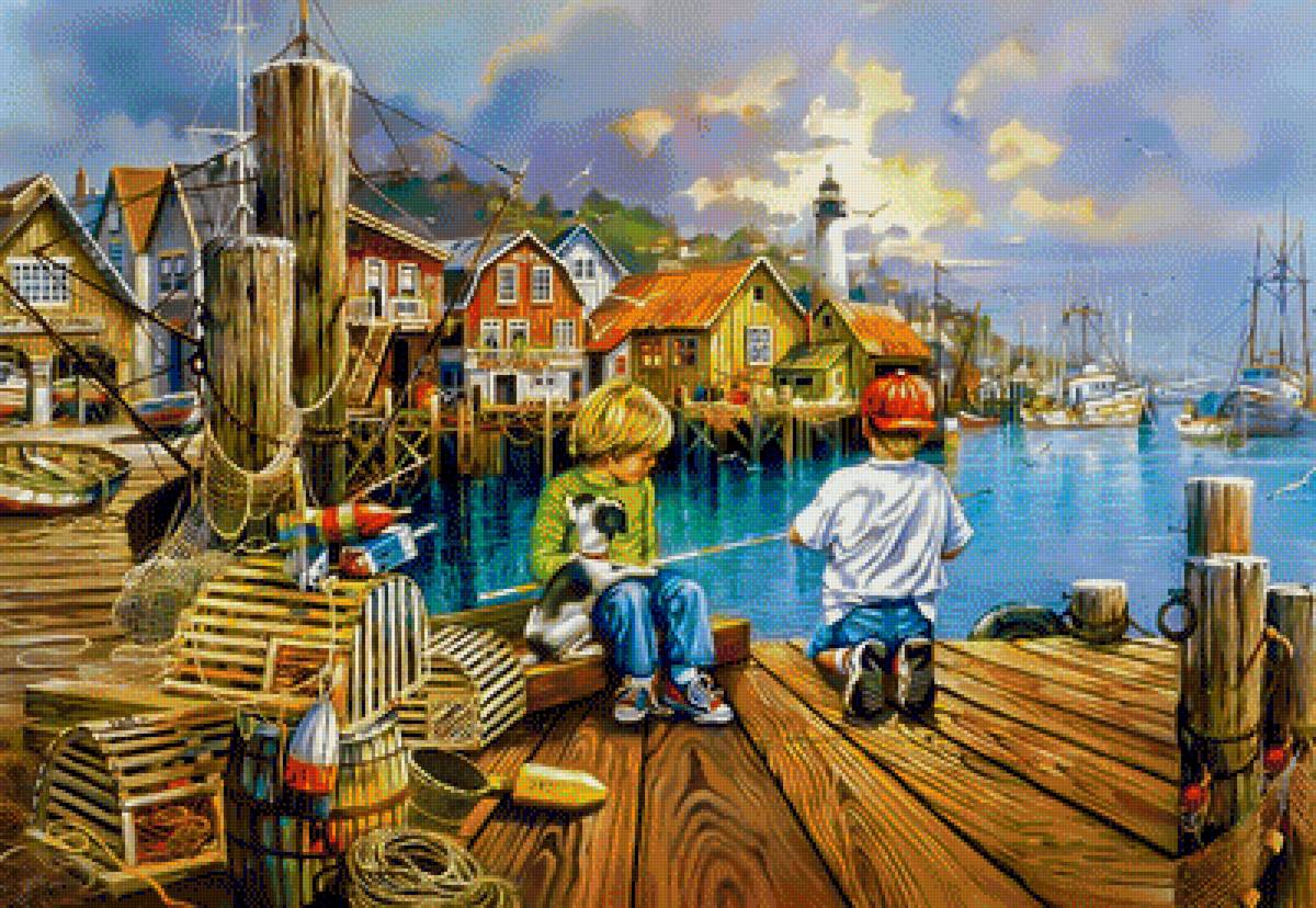 At the Dock. - andres orpinas painter.children.seascapes. - предпросмотр