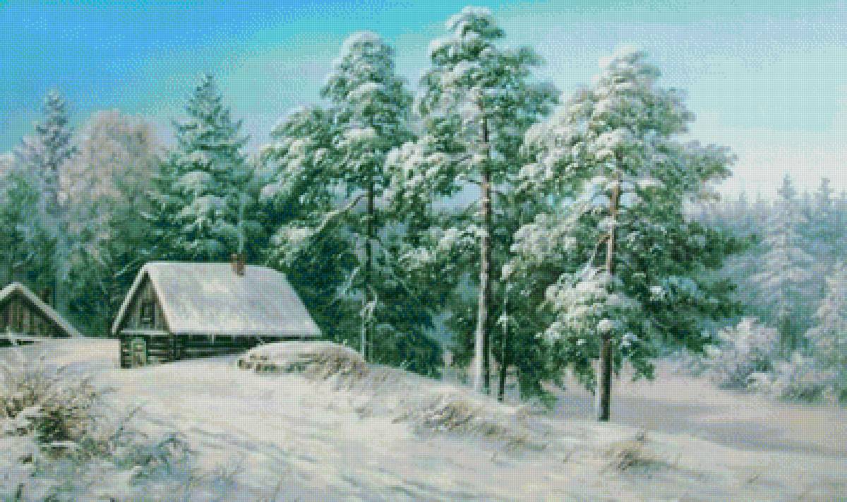 зима - сосны, деревья, снег, зима, дом, пейзаж - предпросмотр