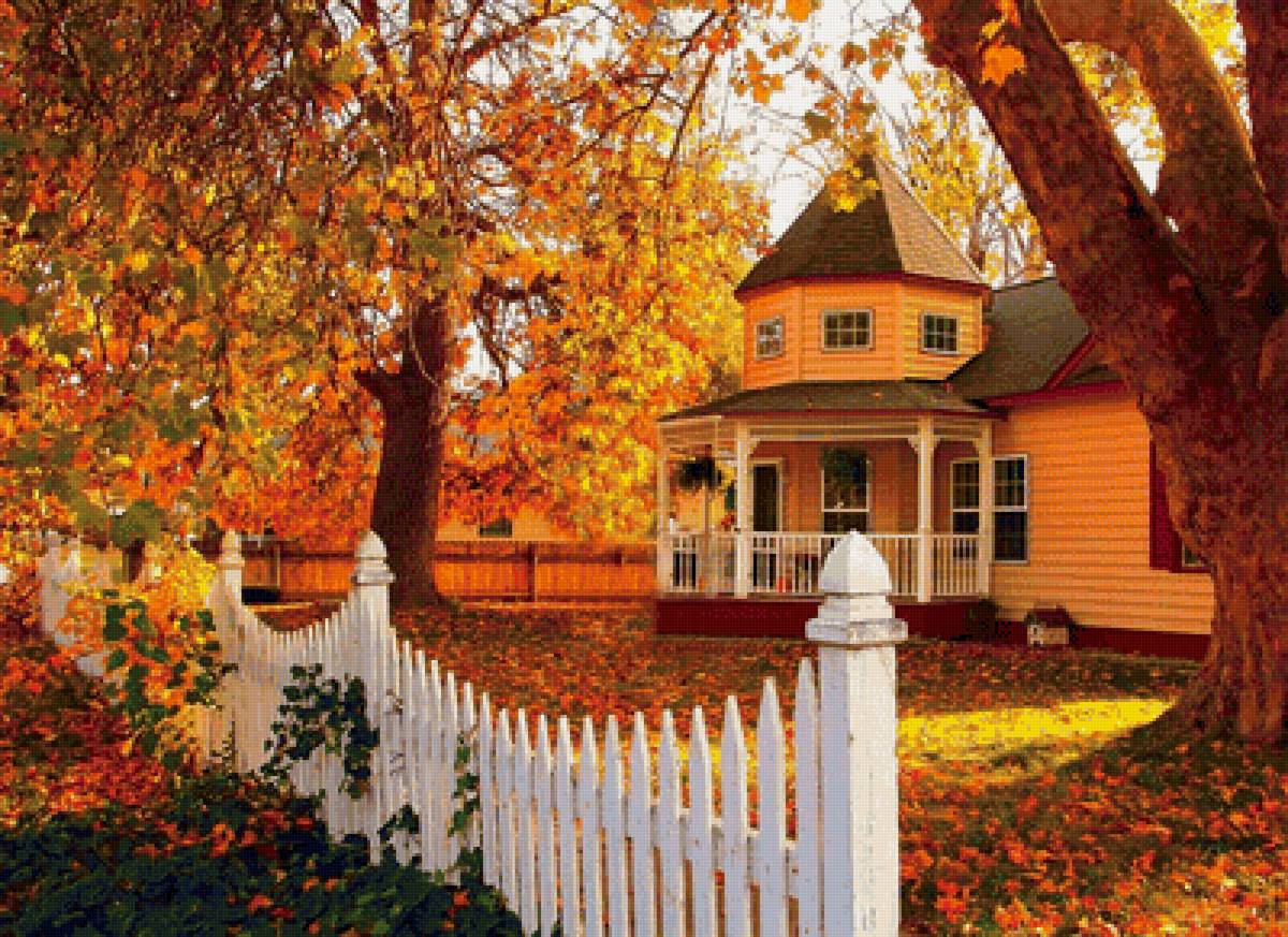 осенний дворик - дом, дворик, осень - предпросмотр