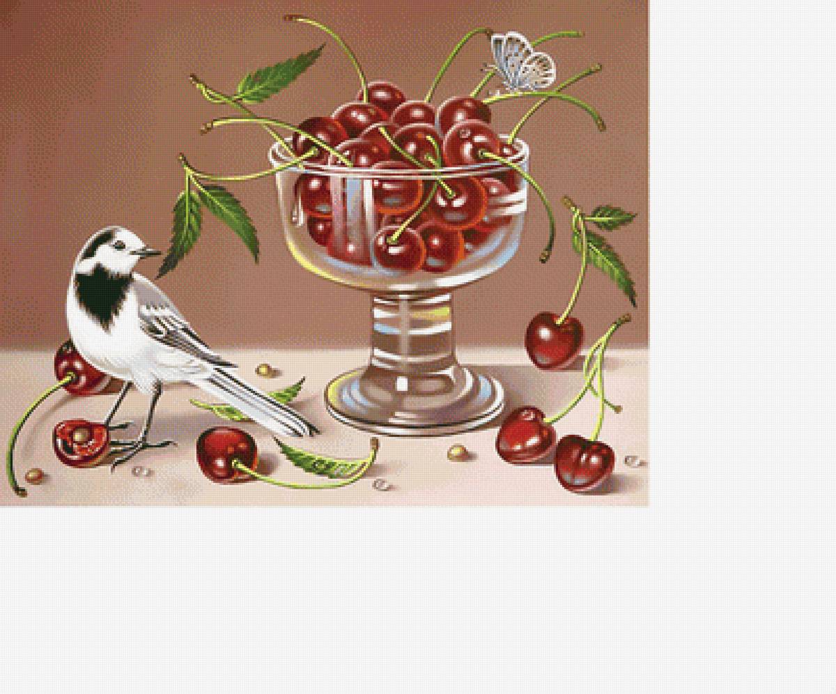 Маленький натюрморт. - вишня, натюрморт, ягоды, птичка, бабочка - предпросмотр