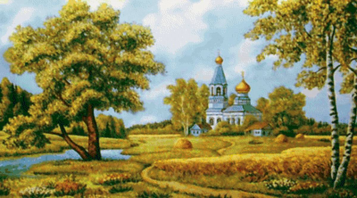 Родной край - храм, березы, деревья, осень, пейзаж, река - предпросмотр