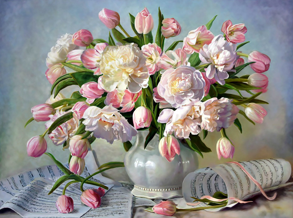 Букет и ноты. - тюльпаны, цветы, ноты, букет, пионы - оригинал