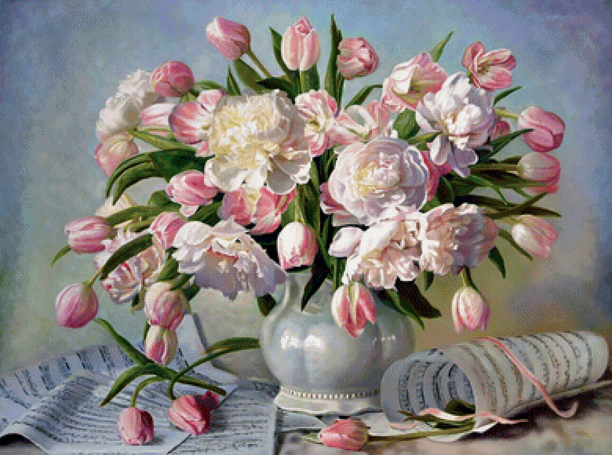 Букет и ноты. - букет, ноты, пионы, тюльпаны, цветы - предпросмотр