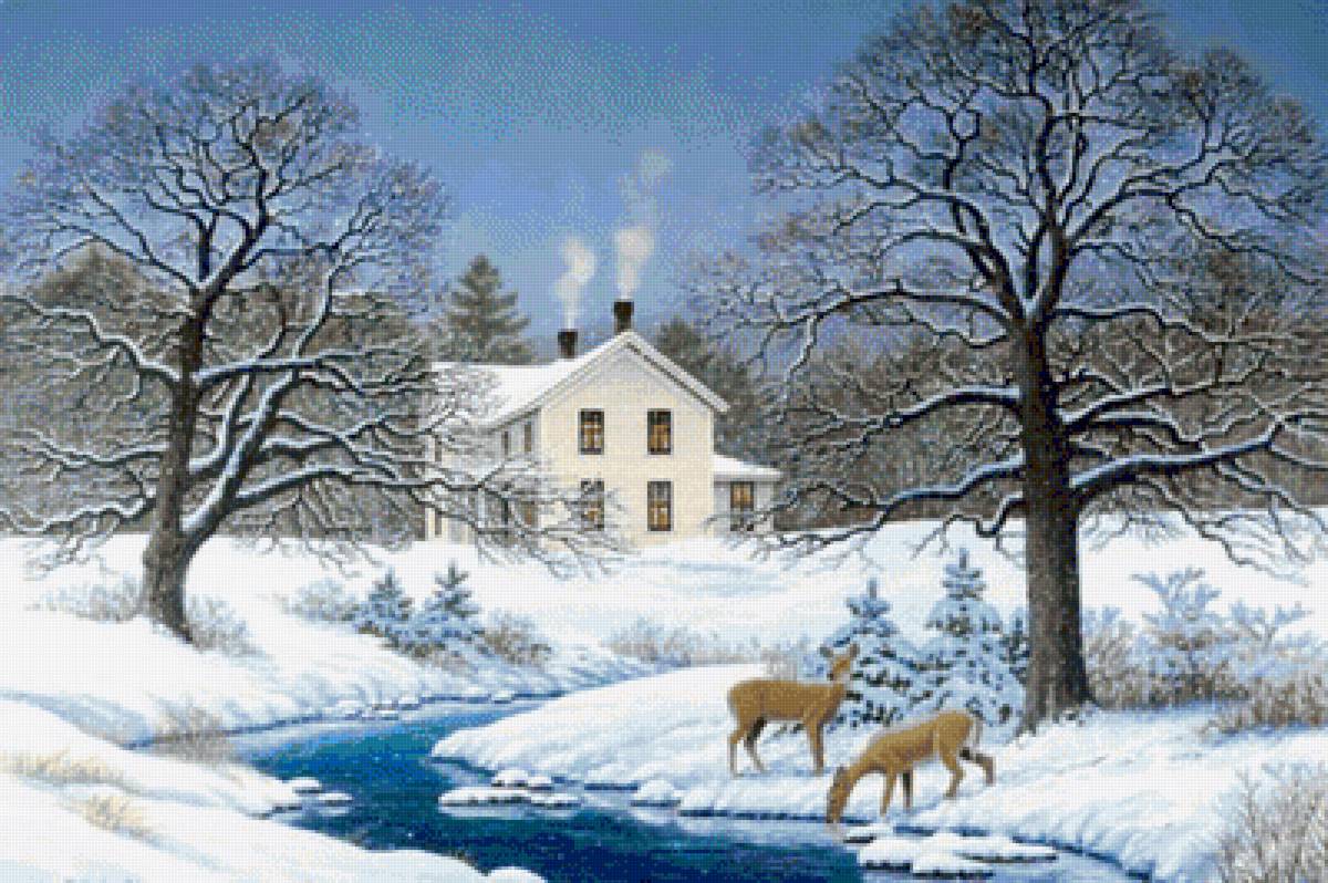 зимний вечер - деревья, зима, река, домик - предпросмотр