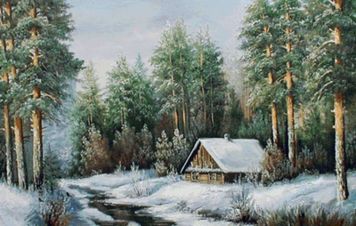 зимний лес - картина, домик, пейзаж, зима, лес, сосны - предпросмотр
