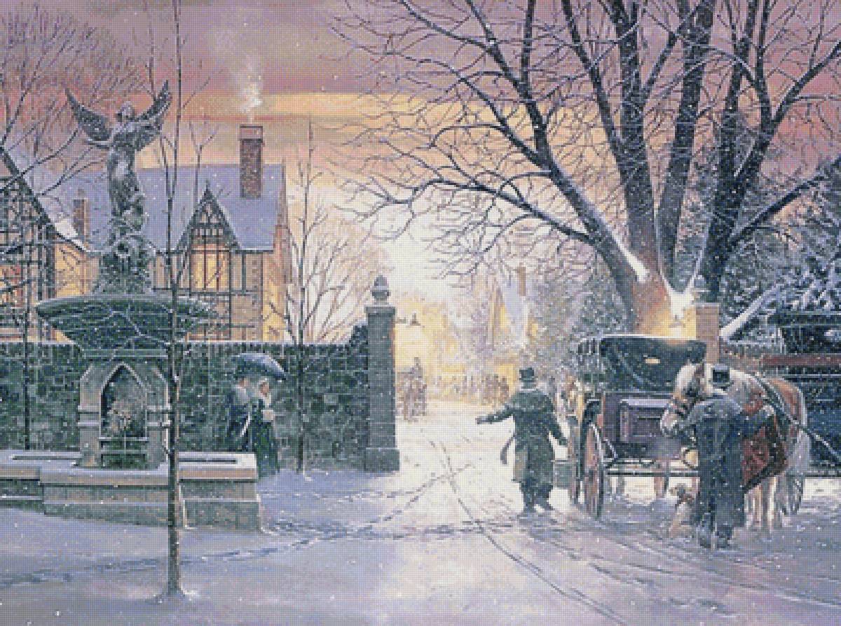 зимний вечер - снег, зима, улочка, картина, вечер - предпросмотр