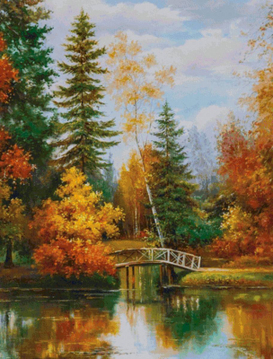 осень - пруд, деревья, пейзаж, осень, мостик - предпросмотр