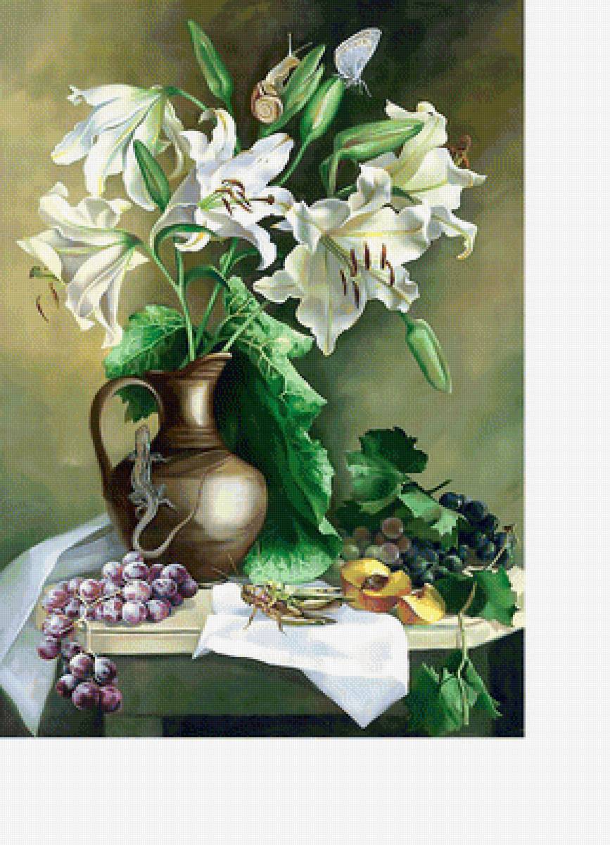 Белые лилии. - бабочки, кузнечик, натюрморт, фрукты, лилии, цветы - предпросмотр