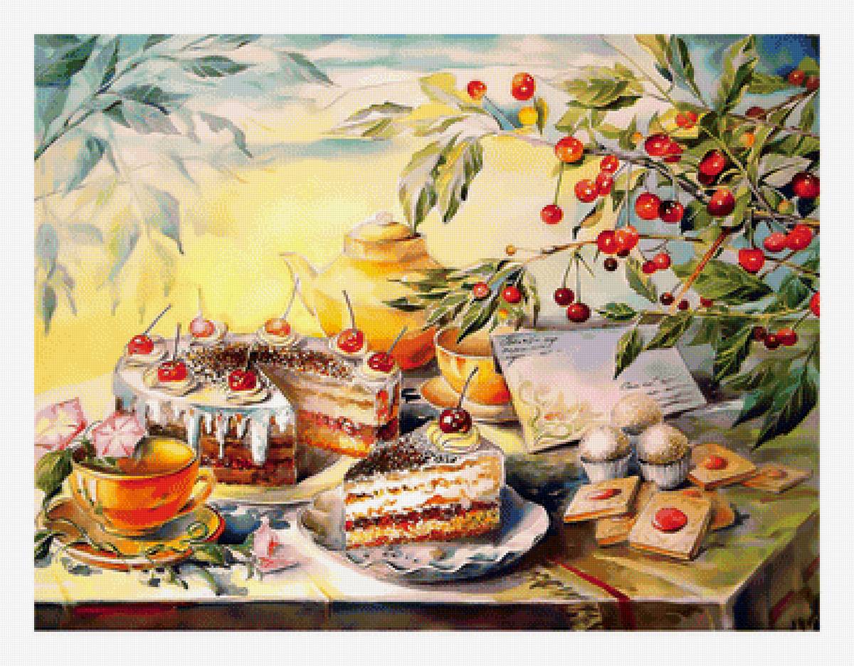 Натюрморт с тортиком. - натюрморт, торт, вишня, чай - предпросмотр