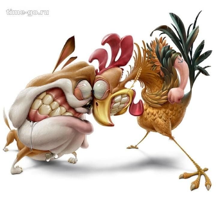 собака - бульдог, петух - оригинал