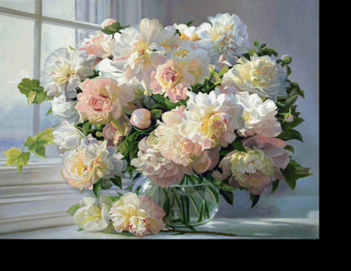 Букет на окне. - пионы, окно, букет, цветы - предпросмотр