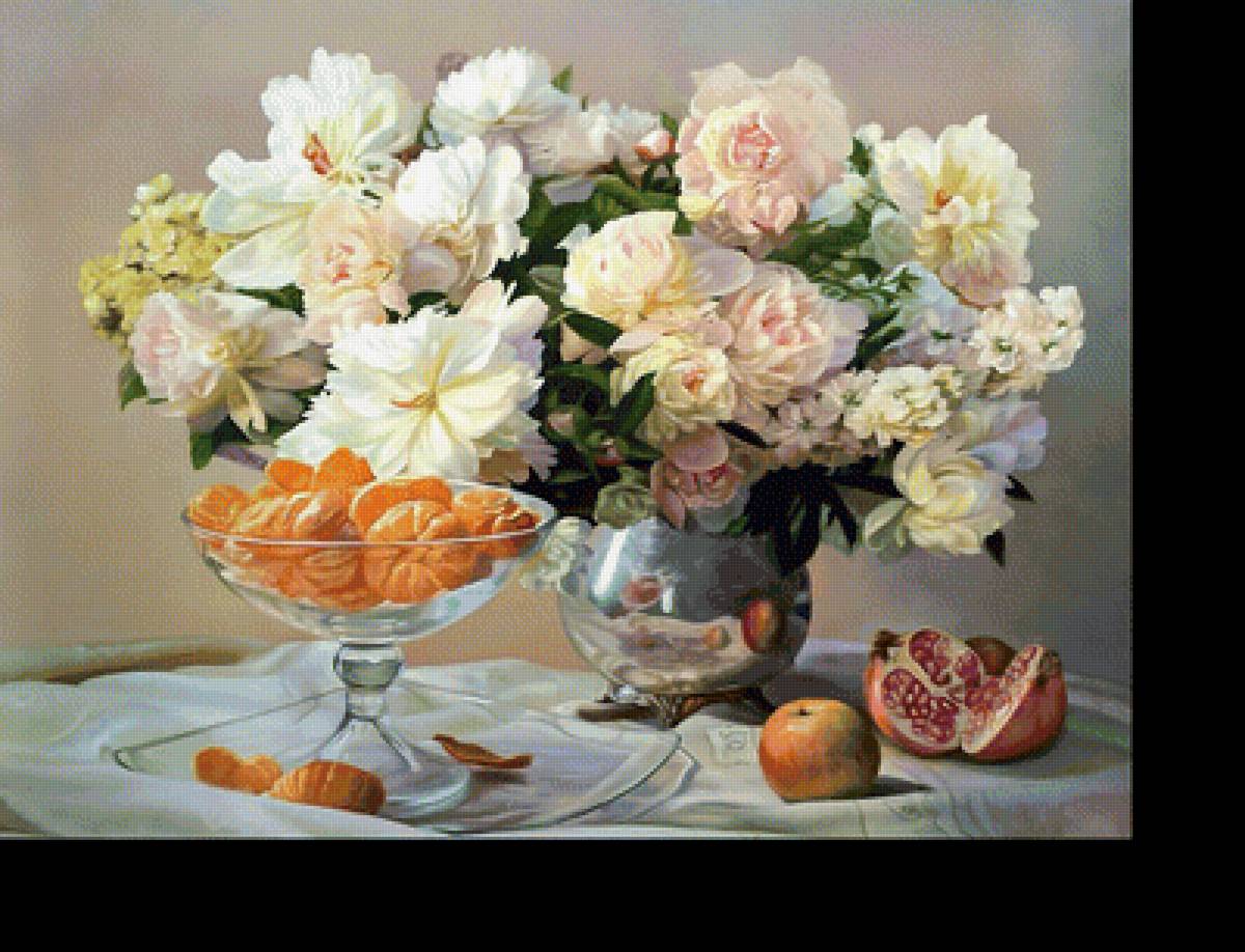 Натюрморт. - натюрморт, фрукты, пионы, мандарины, гранат - предпросмотр