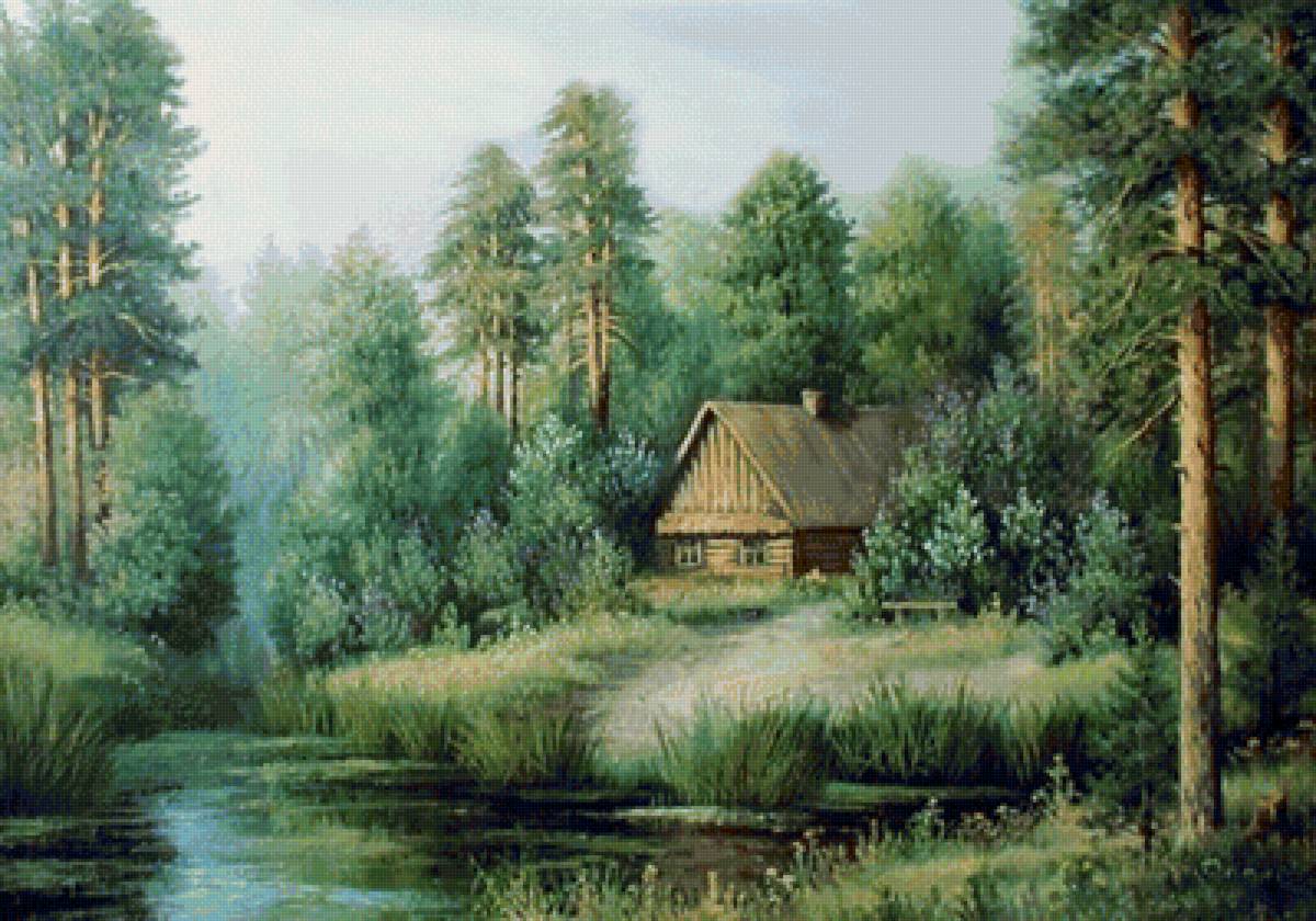 домик в лесу - пейзаж, сосны, домик, река, лес - предпросмотр