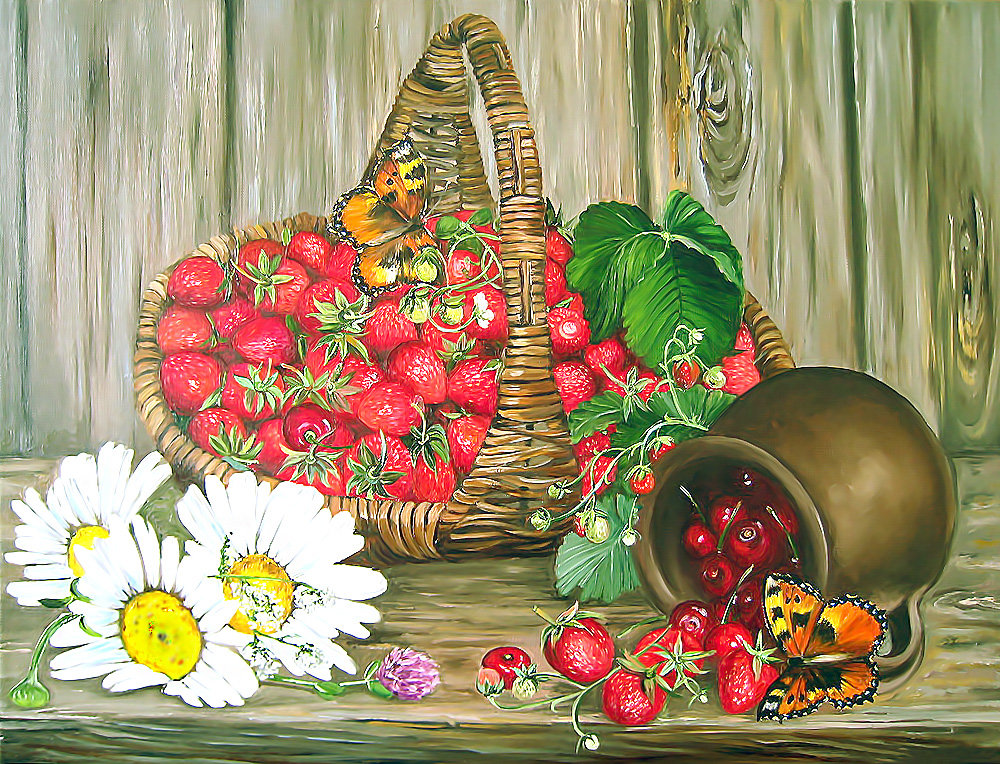 Серия "Деревенский натюрморт" - ягоды, натюрморт, цветы, фрукты, клубника - оригинал