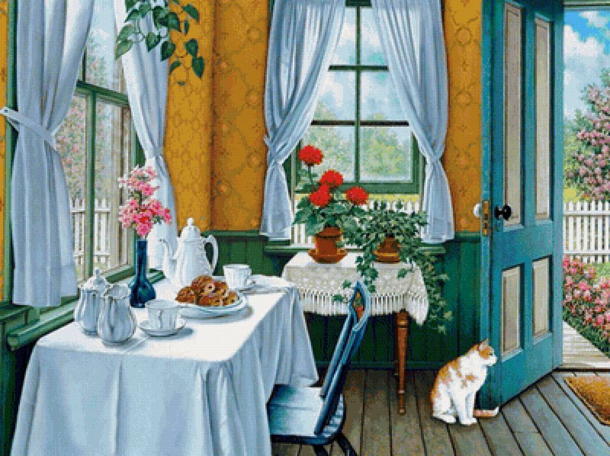 Уютный уголок - сервиз, интерьер, котик, стол, окно, цветы - предпросмотр