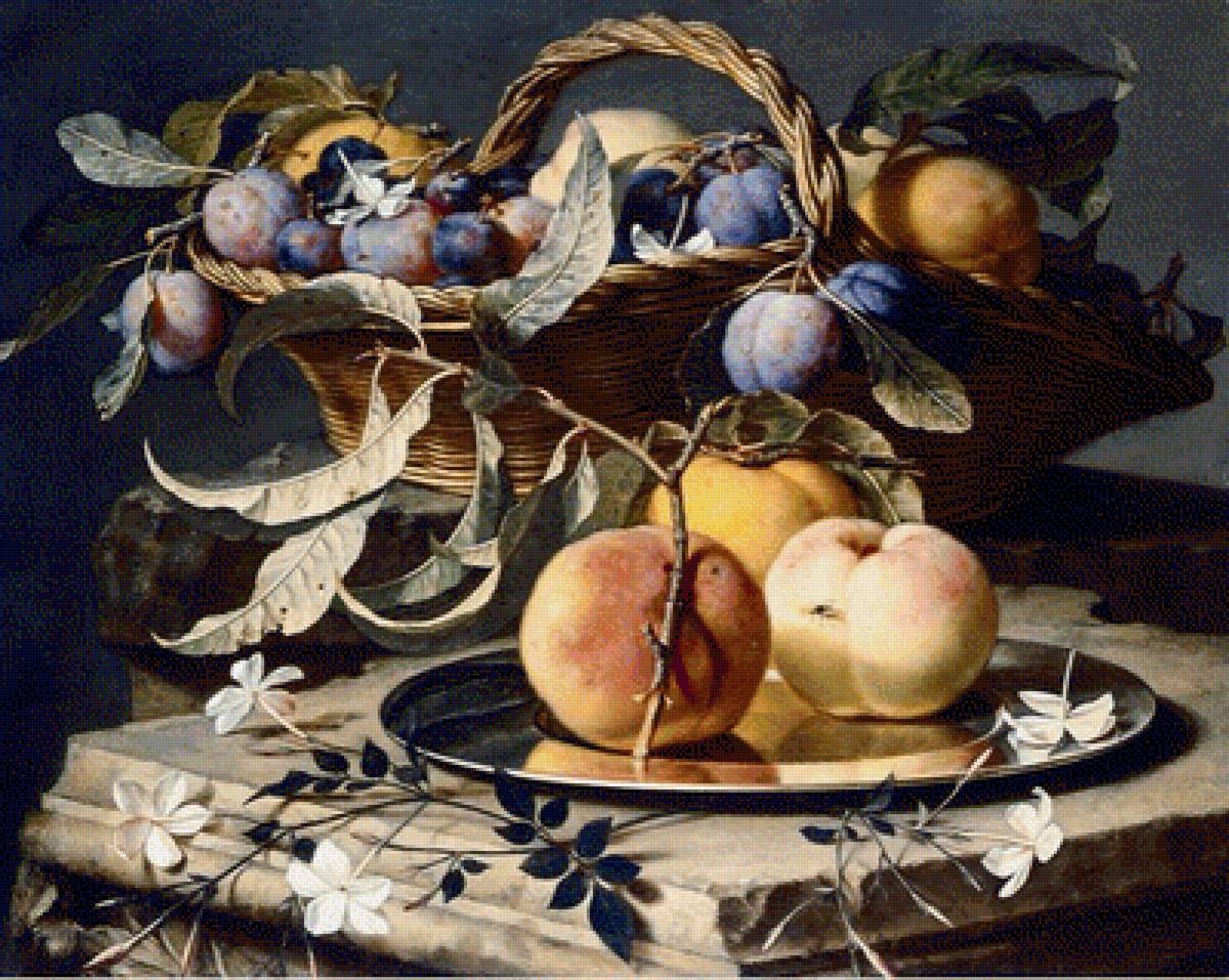 PEACHES AND PLUMS IN A WICKER BASKET, PEACHES ON A SILVER DISH - by christian berentz (1658-1722) - предпросмотр