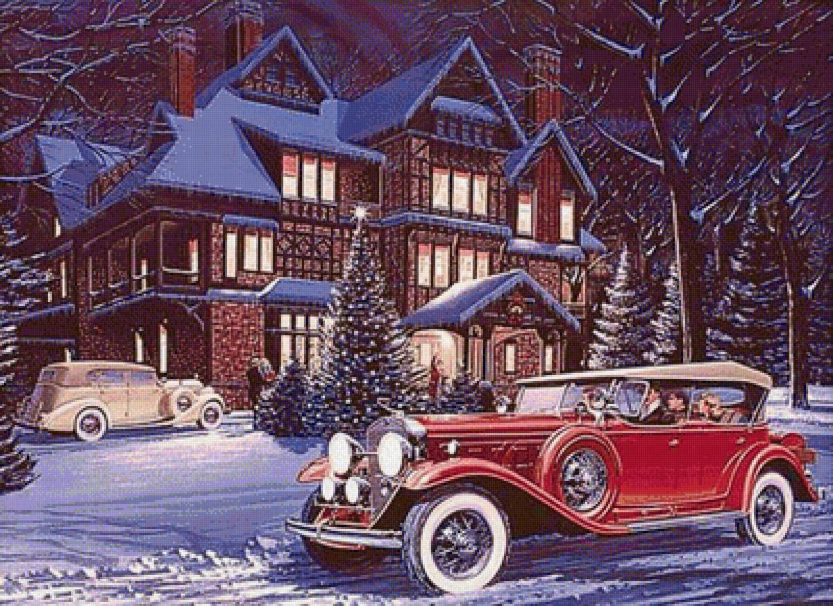 №1974521 - машина, деревья, елки, дом, зима, ночь - предпросмотр