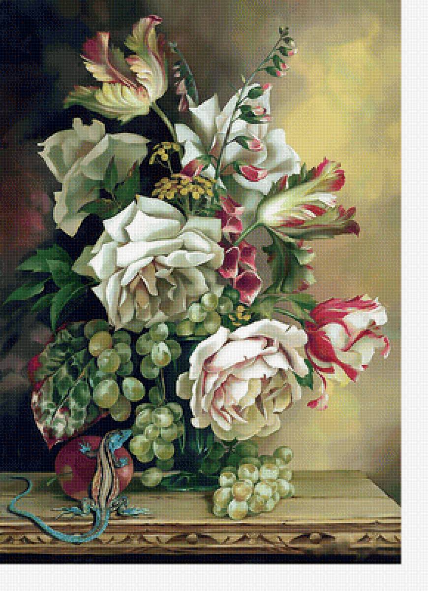 Натюрморт с ящеркой. - виноград, цветы, натюрморт, букет, ящерица - предпросмотр