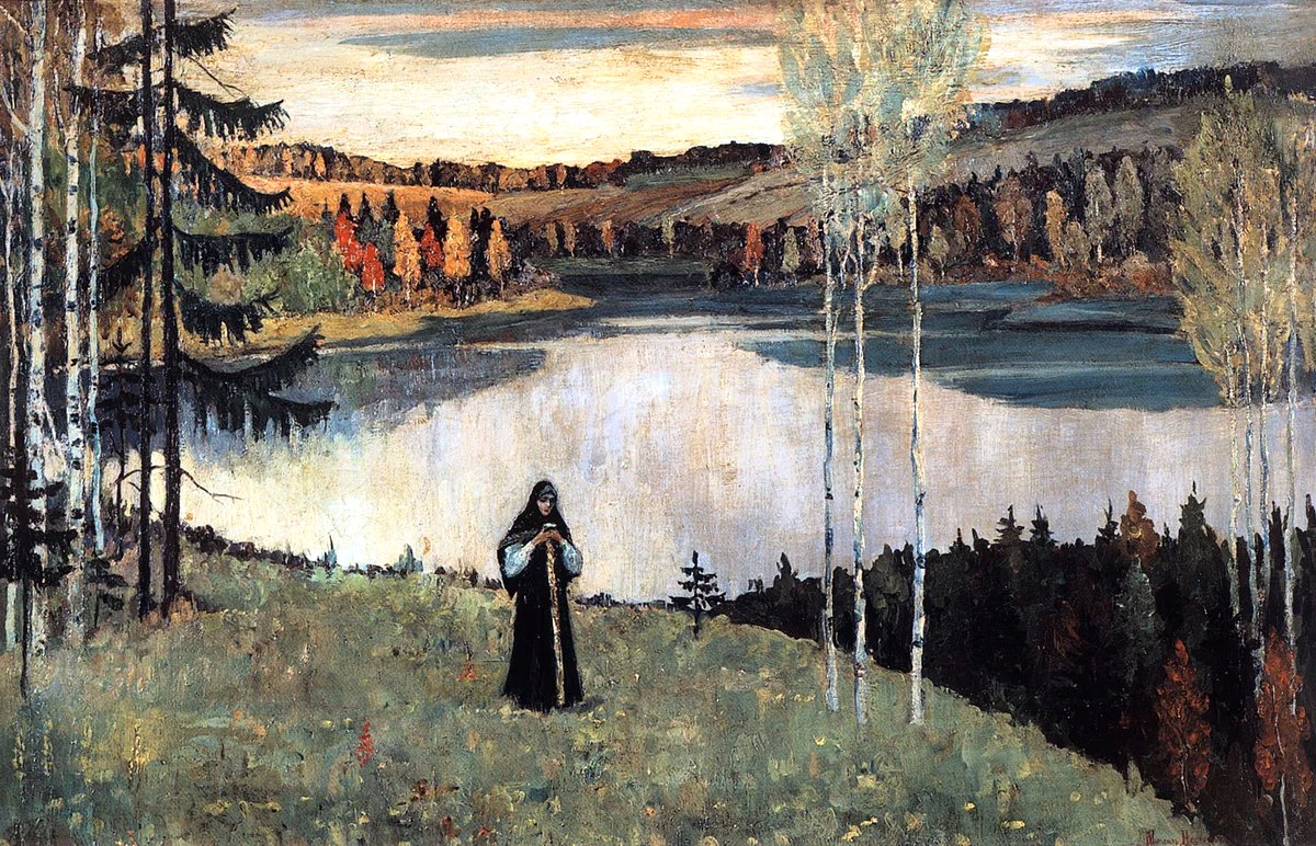 Россия Нестеров Река - девушка, одиночество, русь, скромность, живопись, пейзаж - оригинал