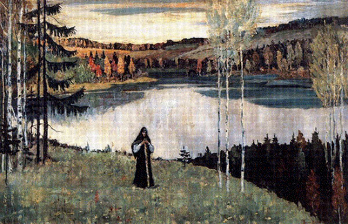 Россия Нестеров Река - русь, пейзаж, девушка, одиночество, живопись, скромность - предпросмотр