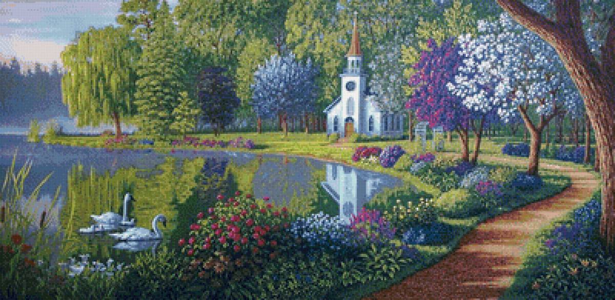 №1975285 - парк, пруд, дорожка, лебеди, деревья, цветы - предпросмотр