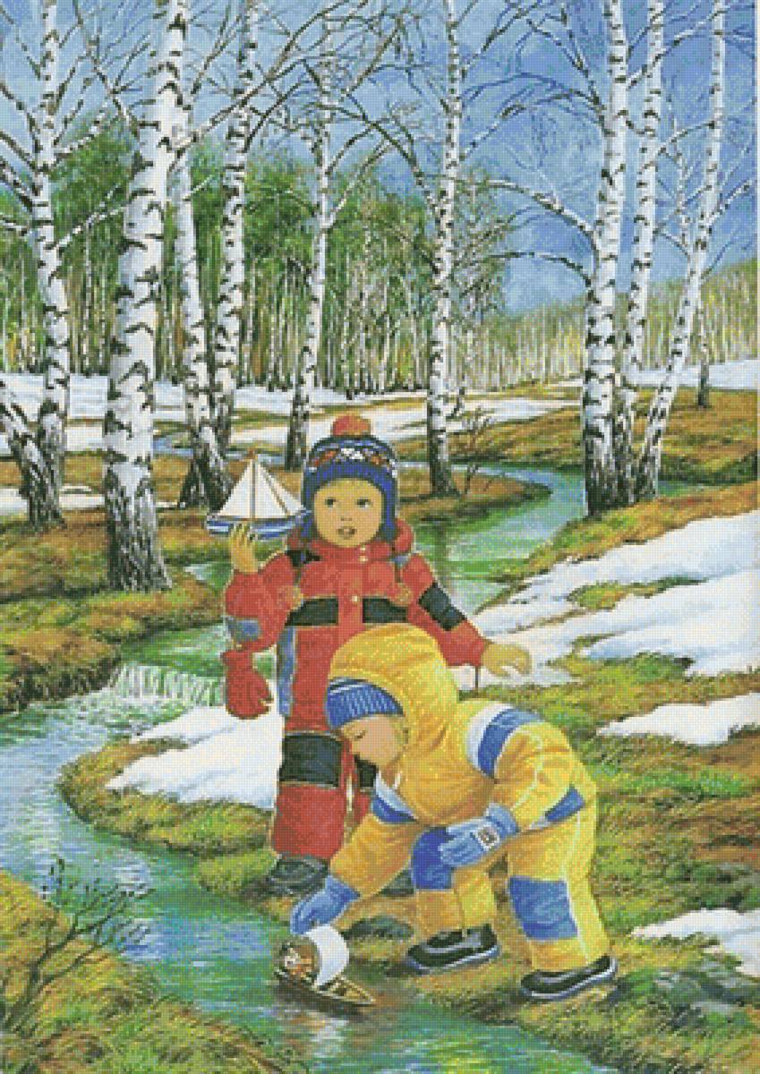 дети на прогулке - ручей, березки, дети, весна - предпросмотр
