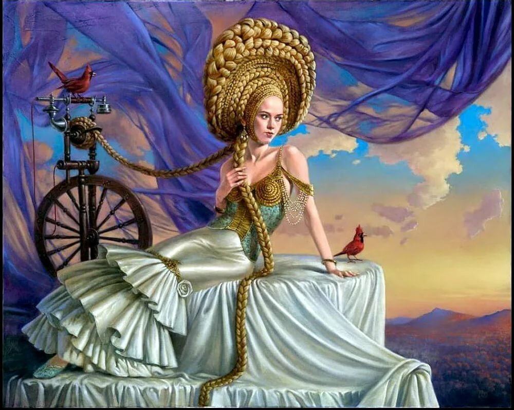 Леди с длинной косой, фантазия - прялка, сказка, современное искусство, леди с длинной косой - оригинал