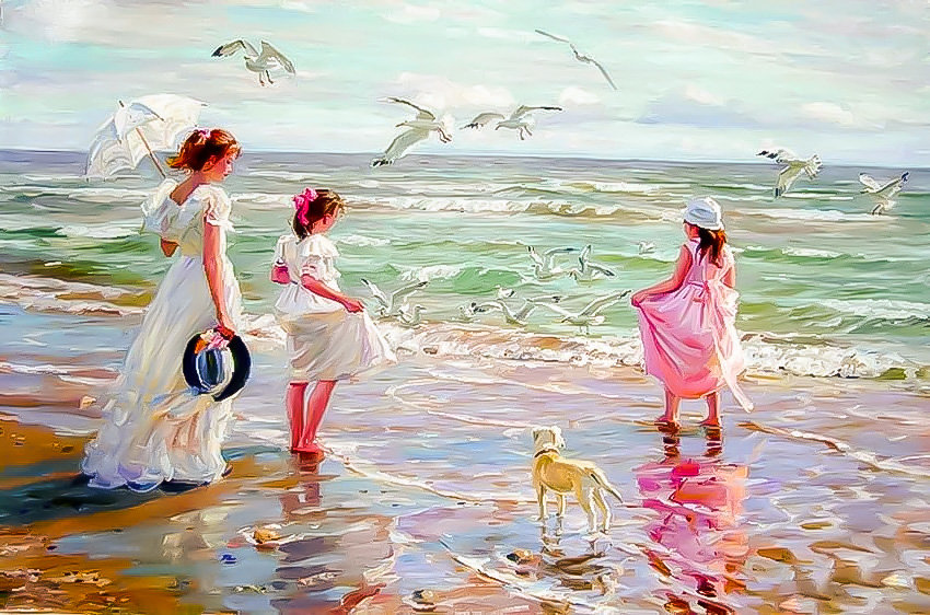 Girls at the Beach. - alexander averin painter.seascape.people.animals. - оригинал