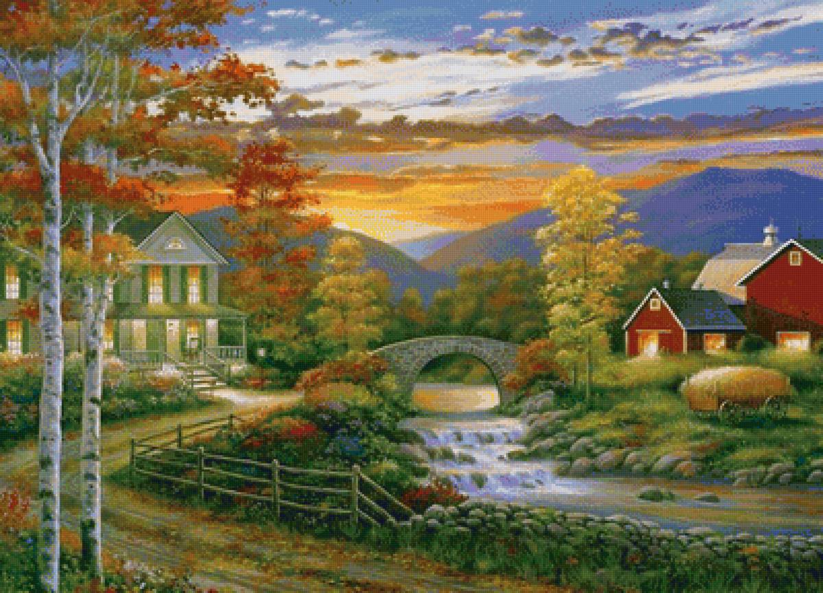 осенний вечер - мостик, осень, деревья, река, вечер, домик - предпросмотр