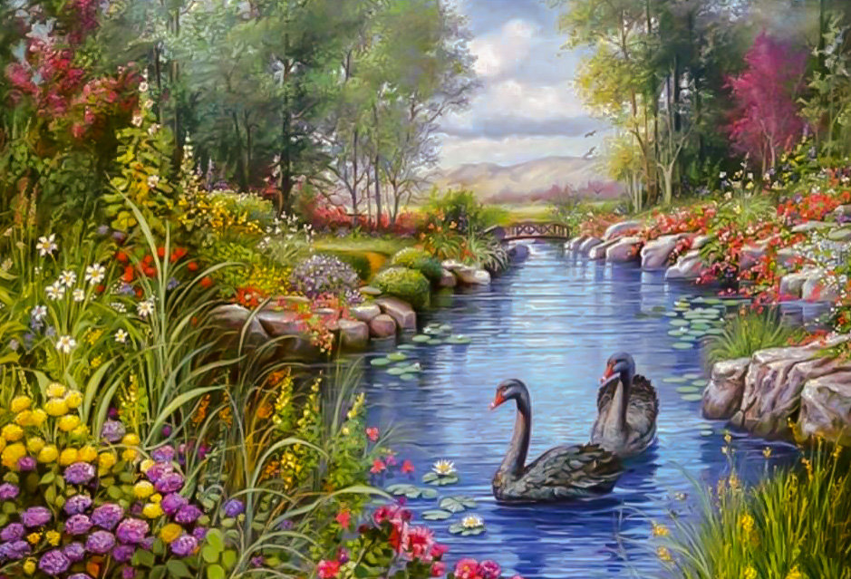 Pond of Swans. - scenarys.flowers and gardens.birds. - оригинал
