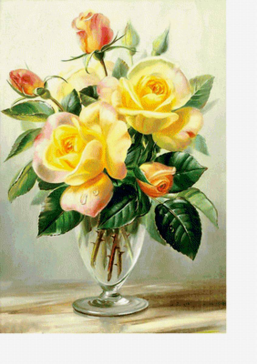 Жёлтые розы. - розы, цветы, живопись, букет - предпросмотр