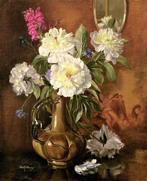 WHITE PEONIES IN A GLAZED VICTORIAN VASE - пионы, by albert williams (1922-2010) - оригинал