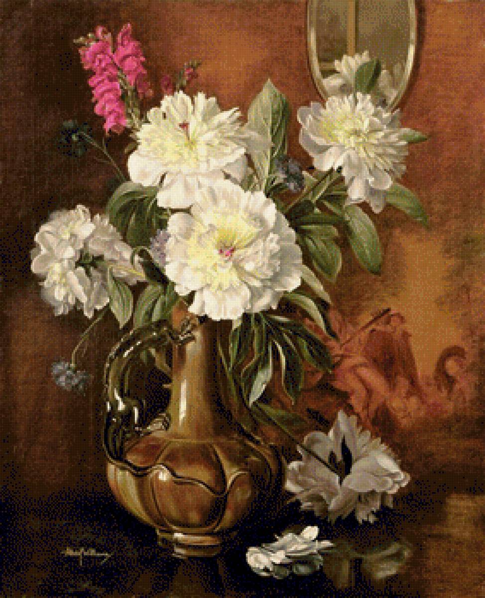 WHITE PEONIES IN A GLAZED VICTORIAN VASE - пионы, by albert williams (1922-2010) - предпросмотр