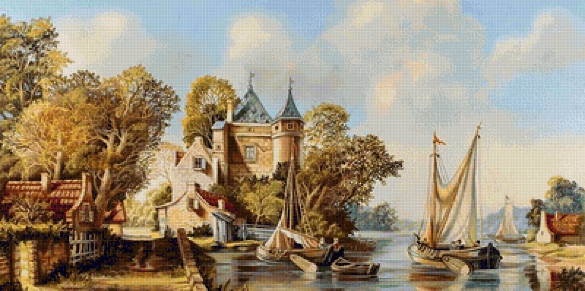 №1978011 - деревья, река, дом, лодки - предпросмотр