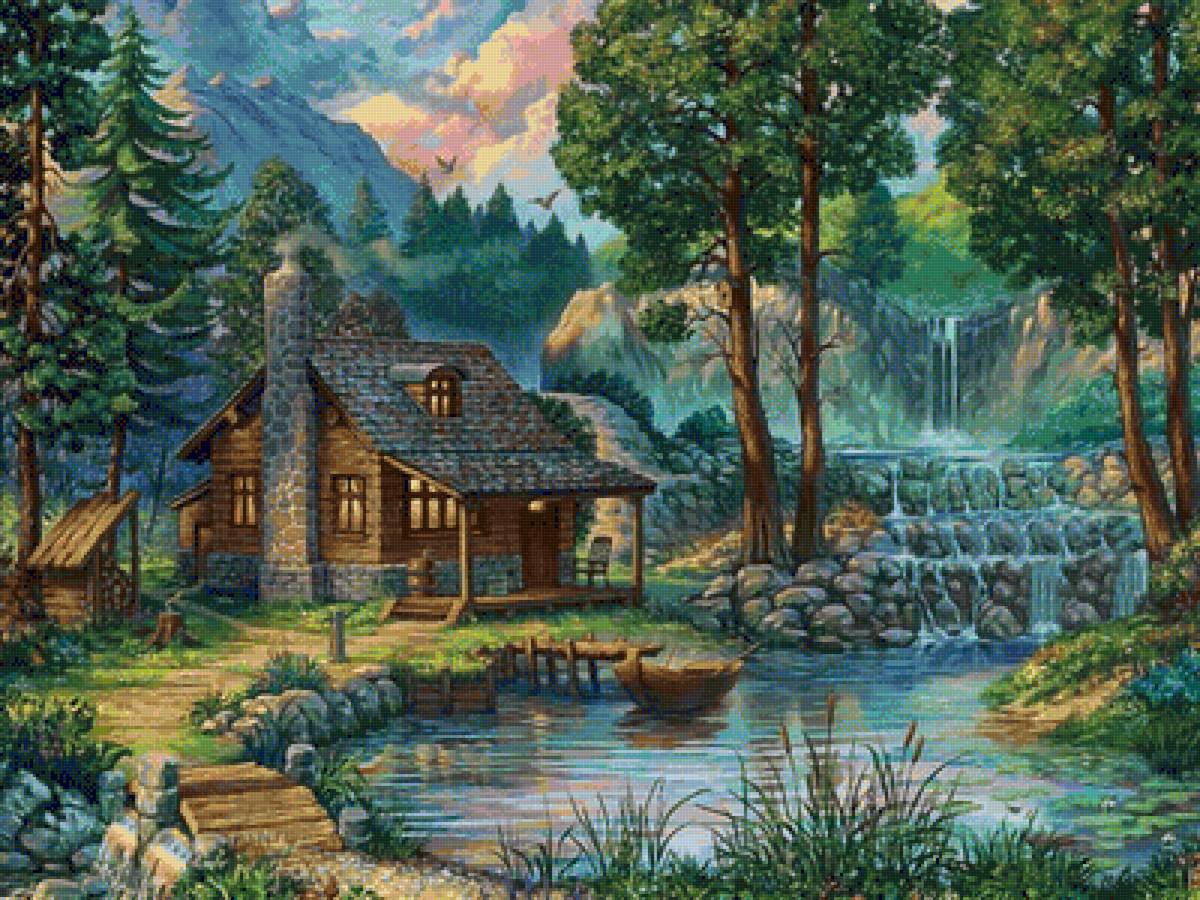 домик у реки - река, деревья, домик, горы - предпросмотр