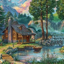 Схема вышивки «домик у реки»