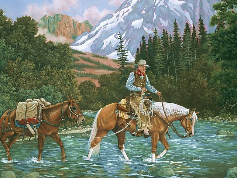 №1978834 - горы, лошади, река, лес, всадник - оригинал