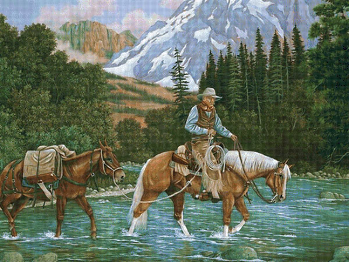 №1978834 - горы, лошади, река, лес, всадник - предпросмотр