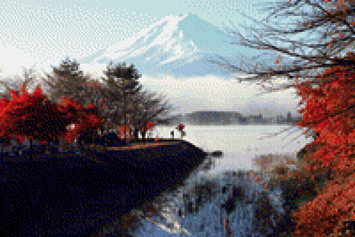 осенняя фудзияма - осень, фудзияма, клены, снег - предпросмотр