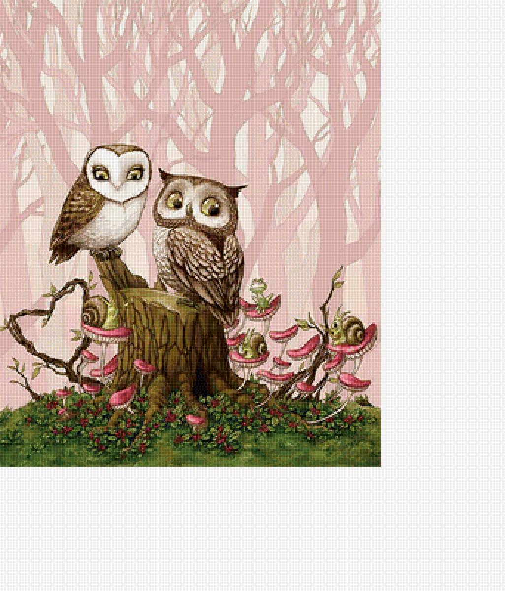 Совушки в сказочном лесу. - грибы, лес, улитки, детская, совы - предпросмотр