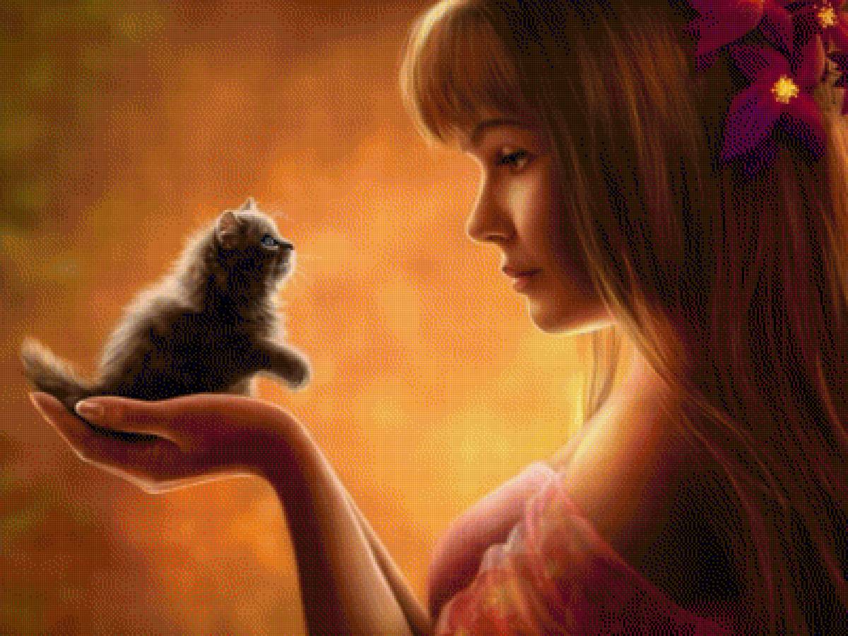 Девушка с цветами в волосах и с маленьким котенком в руках - котенок, девушка - предпросмотр