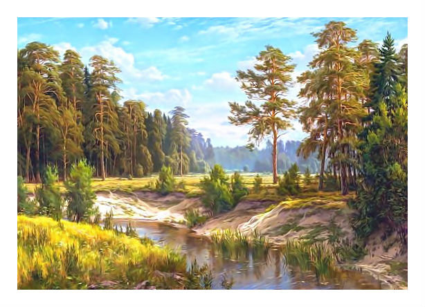 Пейзаж. - живопись, лето, река, пейзаж, сосны, картина, лес - оригинал