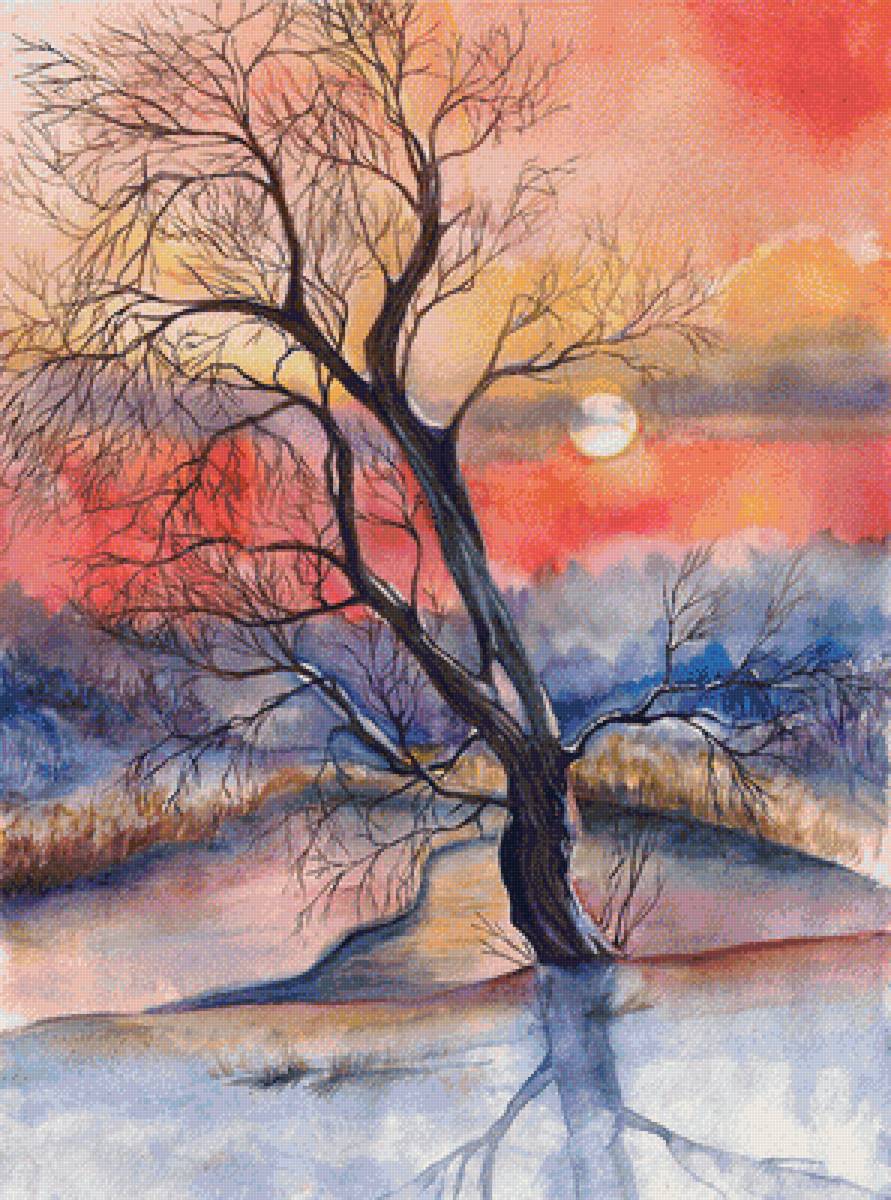 ОДИНОКОЕ ДЕРЕВО - дерево, закат, зима, акварель - предпросмотр