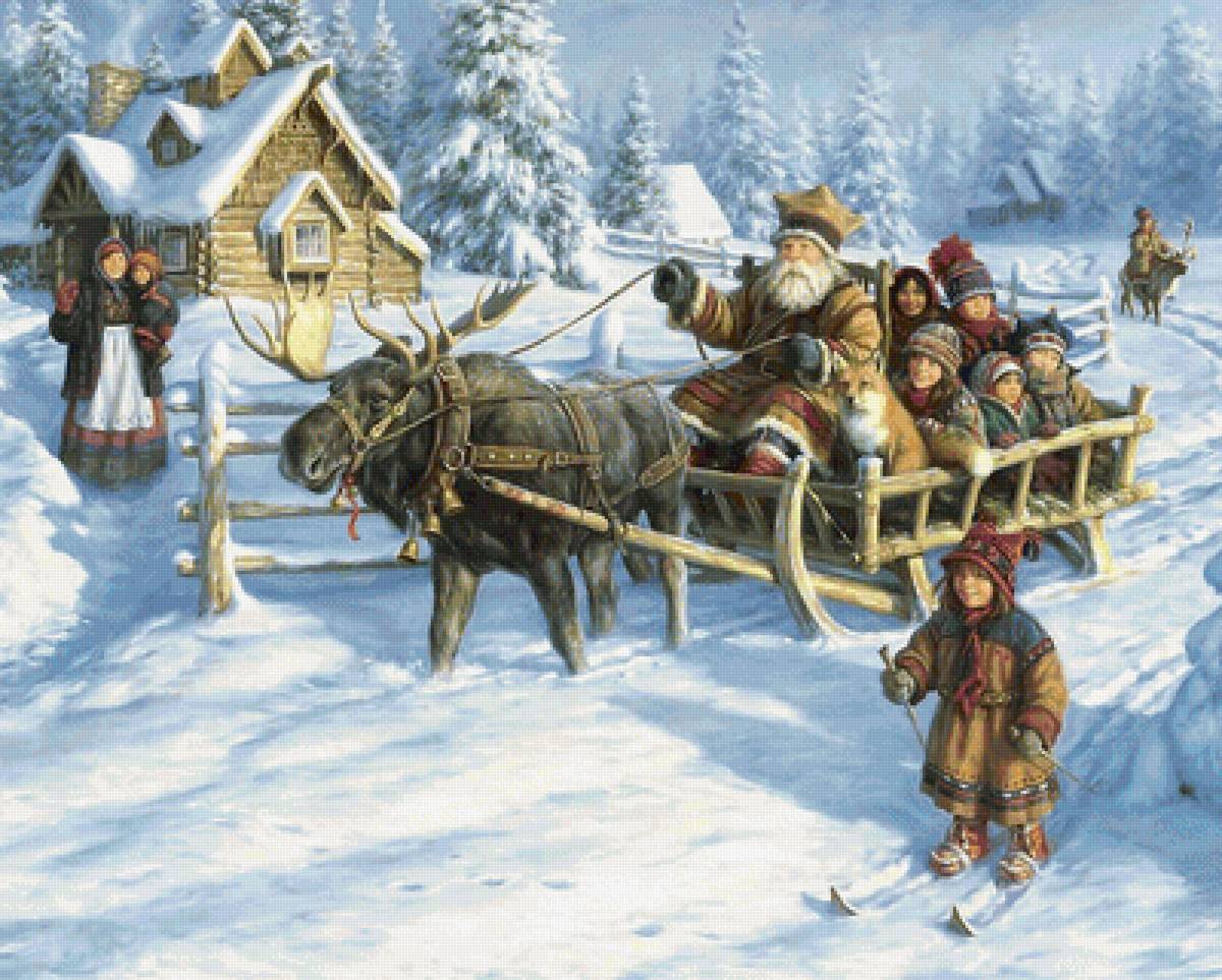 Зимние забавы. - дети, лось, сани, зима, снег - предпросмотр