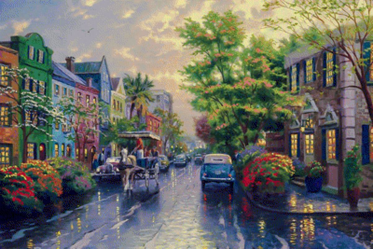 Charleston,Sunset on Rainbow Row. - thomas kinkade paintings.scenary.people.animals. - предпросмотр