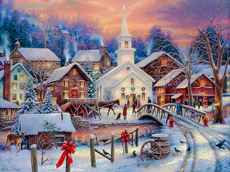 Christmas Snow Village. - chuck pinson painter.snowscenes.christmas.people.animals.birds. - оригинал