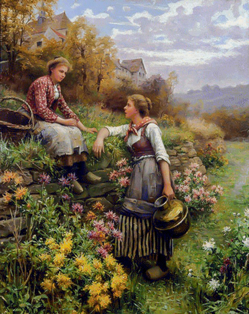 Gossips. - daniel ridgway knight painter.scenarys.ladies.flowers and garden - предпросмотр