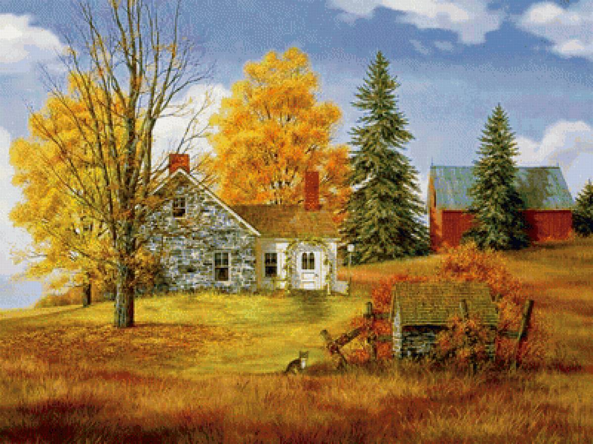 осень - деревья, домик, осень, пейзаж - предпросмотр