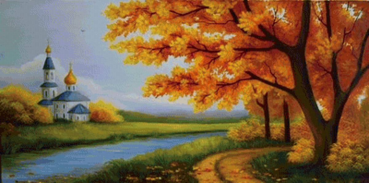 осень - река, храм, дерево, осень - предпросмотр