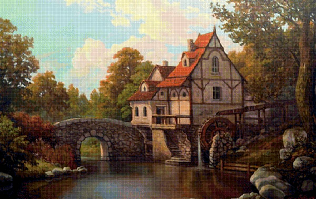 Старая мельница - мельница, мостик, река - предпросмотр